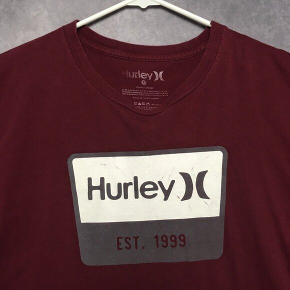 Hurley T Shirt Adult size Large Maroon Short Sleeve Mens Graphic Text Cotton Tee - Picture 2 of 13